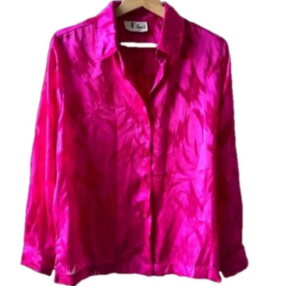 N Touch Tops - N Touch Pink Button-Up Blouse Medium Colorblock Sheer grandmacore retro vintage